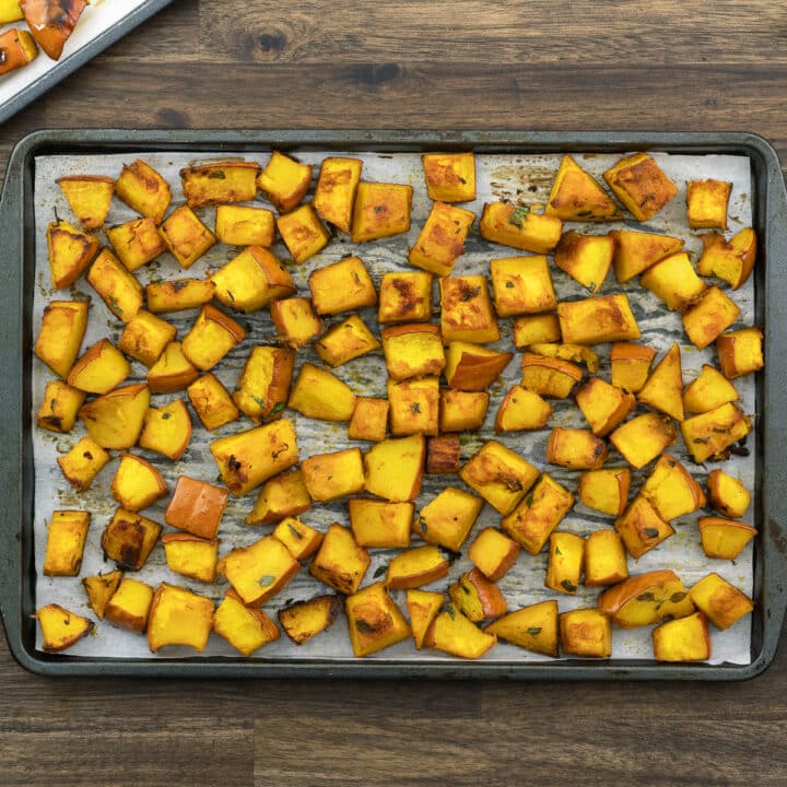 Oven Roasted Pumpkin on a baking tray.