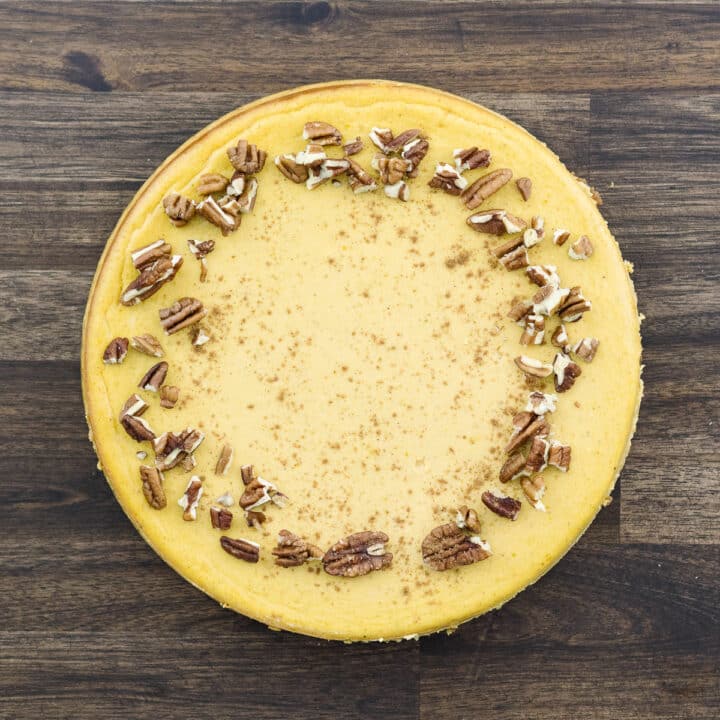 Pumpkin Cheesecake topped with toasted pecans and pumpkin pie spice.