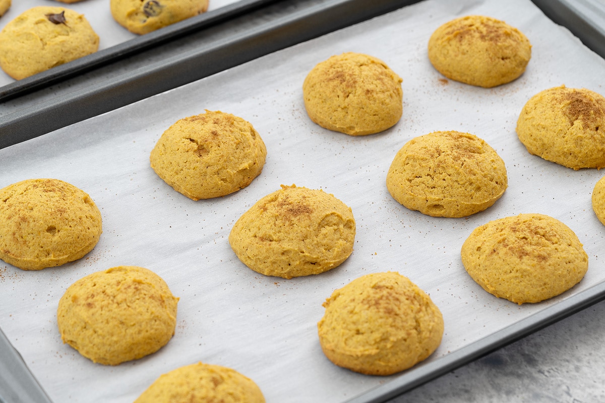 Homemade pumpkin cookies on a baking tray, freshly baked and golden.