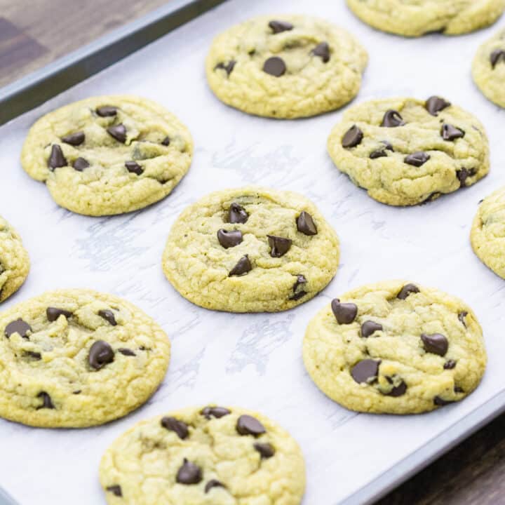 Chocolate chip cookies served in a baking tray.
