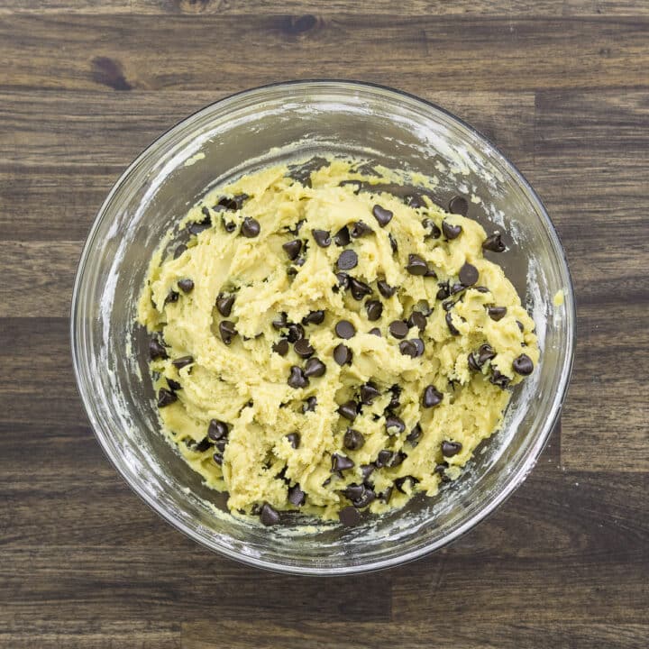 A bowl with chocolate chip cookie dough.
