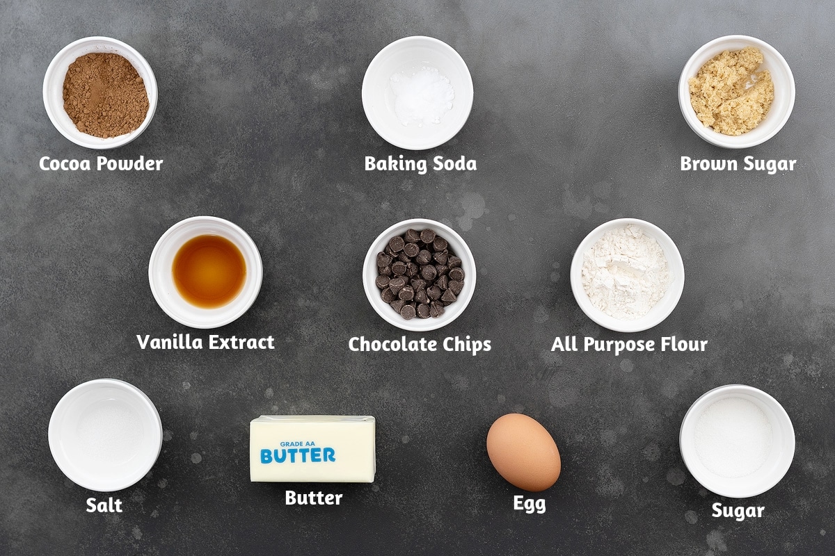 Ingredients for double chocolate chip cookies neatly arranged on a gray table, including cocoa powder, baking soda, brown sugar, vanilla extract, chocolate chips, all-purpose flour, salt, butter, egg, and sugar.