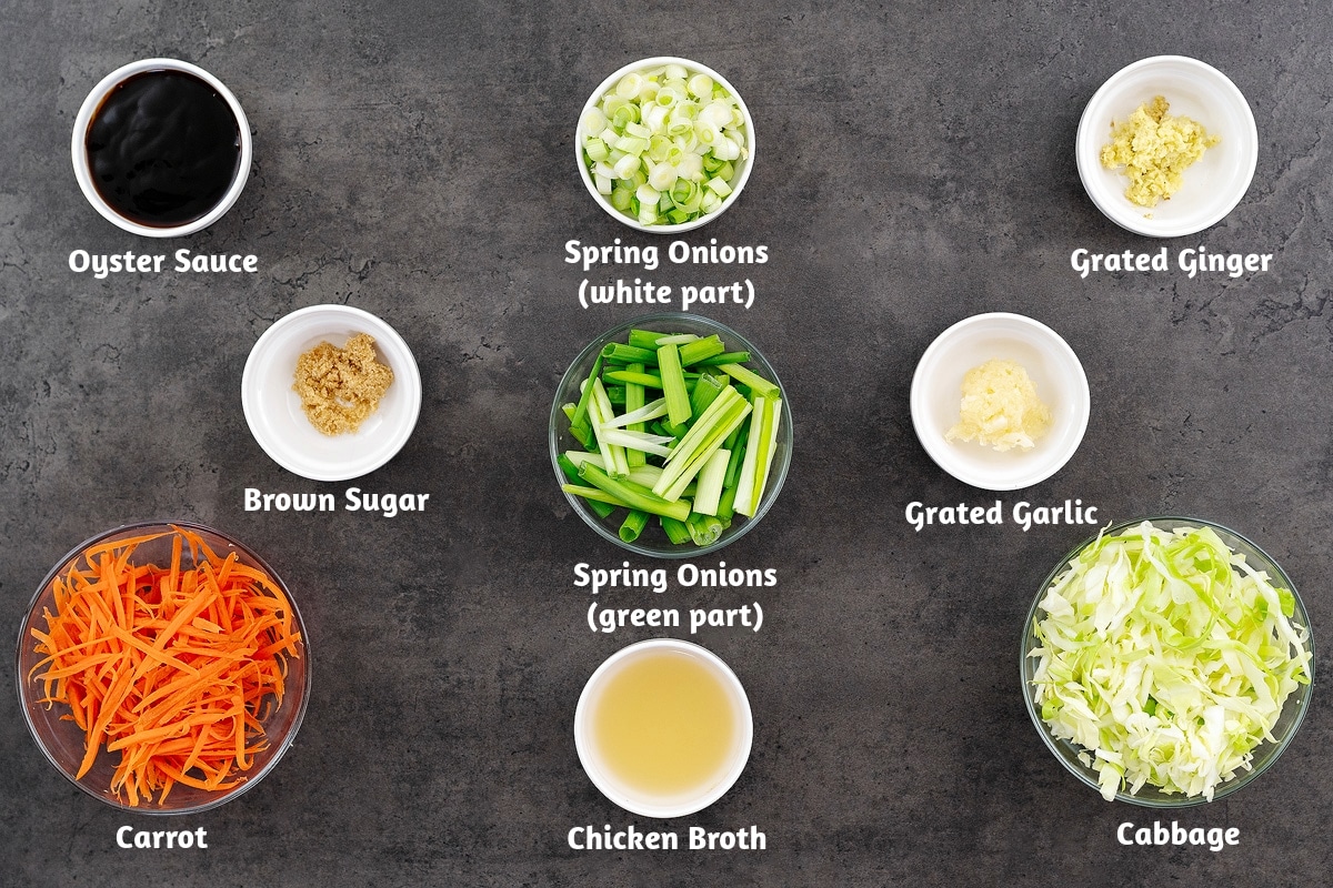 An array of chicken chow mein ingredients neatly arranged on a gray table, including Oyster Sauce, Spring Onions (white part), Grated Ginger, Brown Sugar, Spring Onions (green part), Grated Garlic, Carrot, Chicken Broth, and Cabbage.