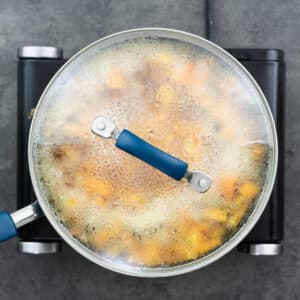A closed pan with the butternut soup mixture simmering.