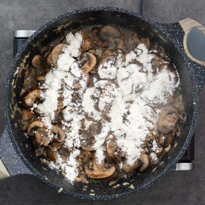 Pan with mushrooms and all-purpose flour to create a roux.