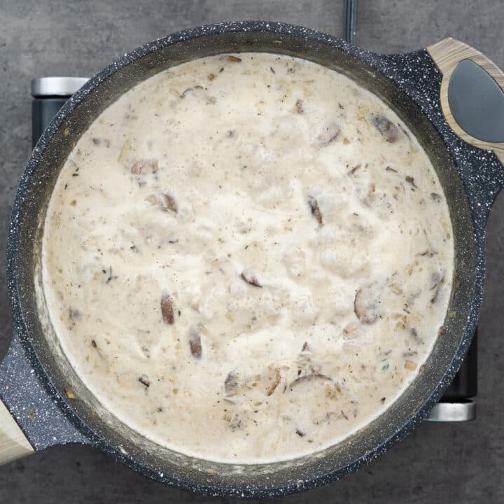 Pan with Cream of Mushroom Soup simmering.
