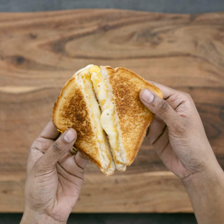 An image showing the cheesy, gooey center of a Grilled Cheese Sandwich.