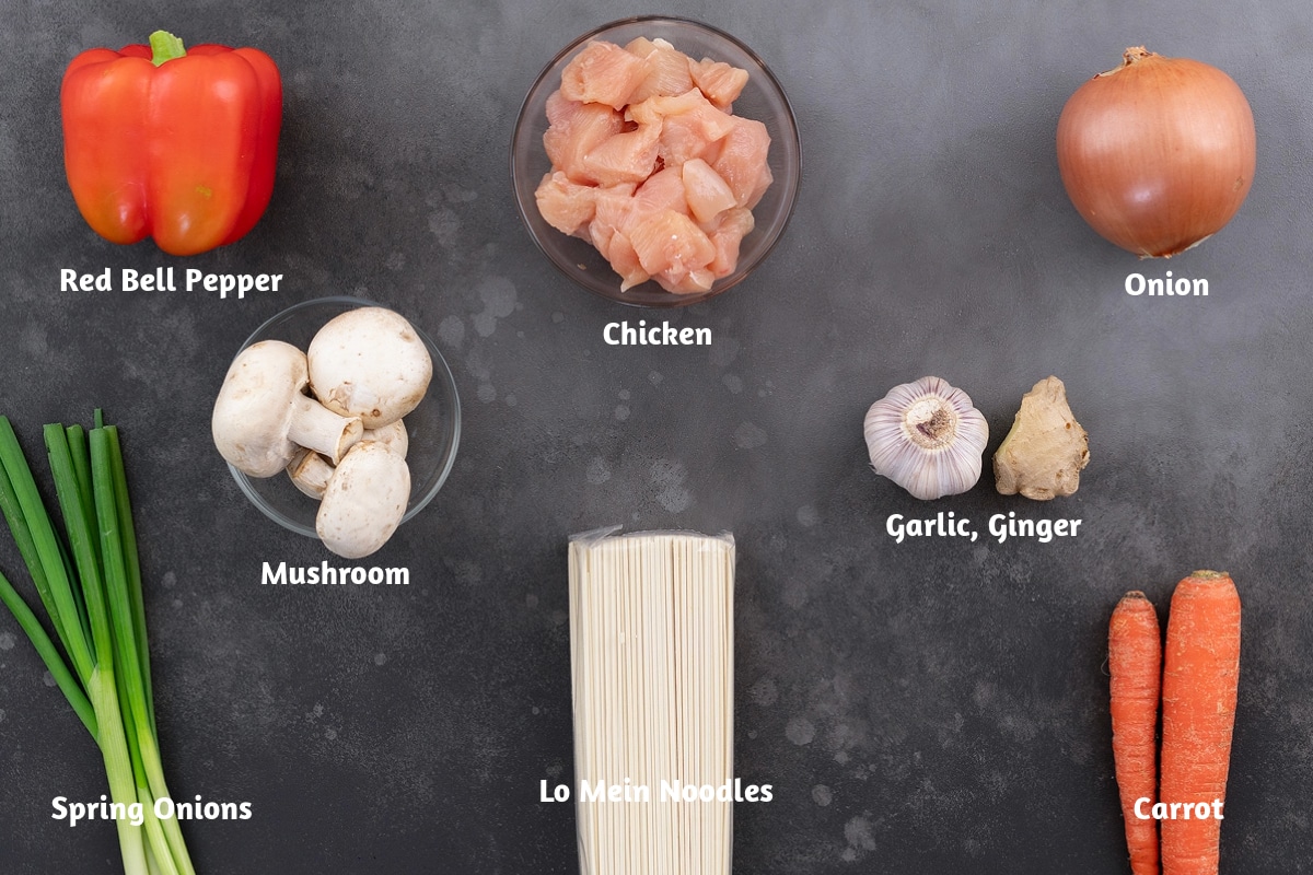Ingredients for lo mein noodles, including red bell pepper, chicken, onion, mushrooms, garlic, ginger, spring onions, lo mein noodles, and carrot, arranged on a grey table.