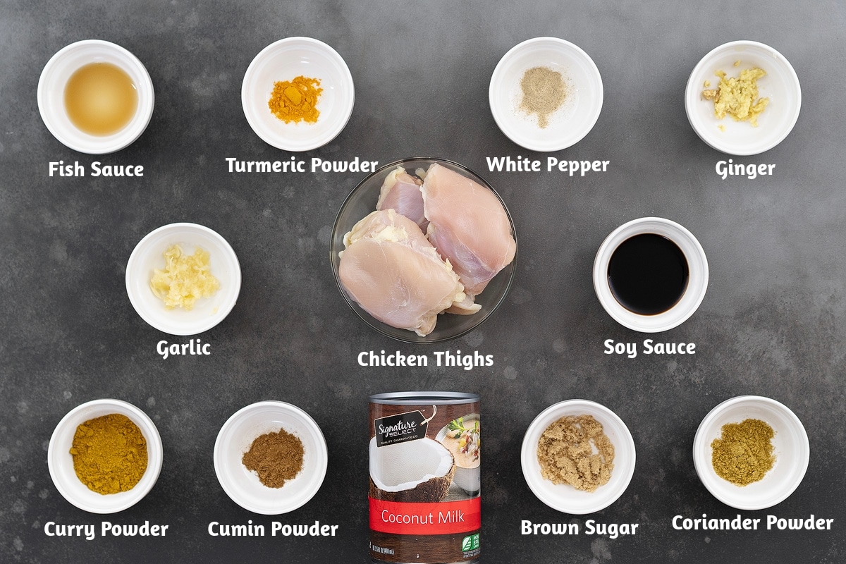 Ingredients for chicken satay arranged on a gray table, including fish sauce, turmeric, white pepper, ginger, garlic, chicken thighs, soy sauce, curry powder, cumin, coconut milk, brown sugar, and coriander powder.