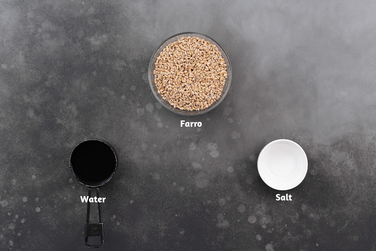 Farro, water, and salt arranged on a grey table.