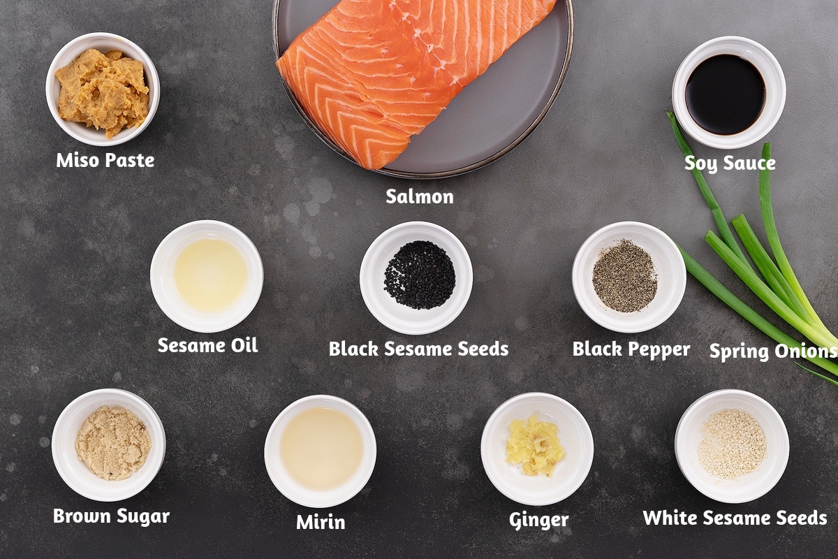 Miso paste, salmon, soy sauce, sesame oil, black sesame seeds, black pepper powder, spring onions, brown sugar, mirin, ginger, white sesame seeds, arranged on a gray table.