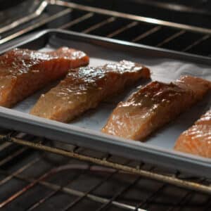 Salmon baking in the oven.