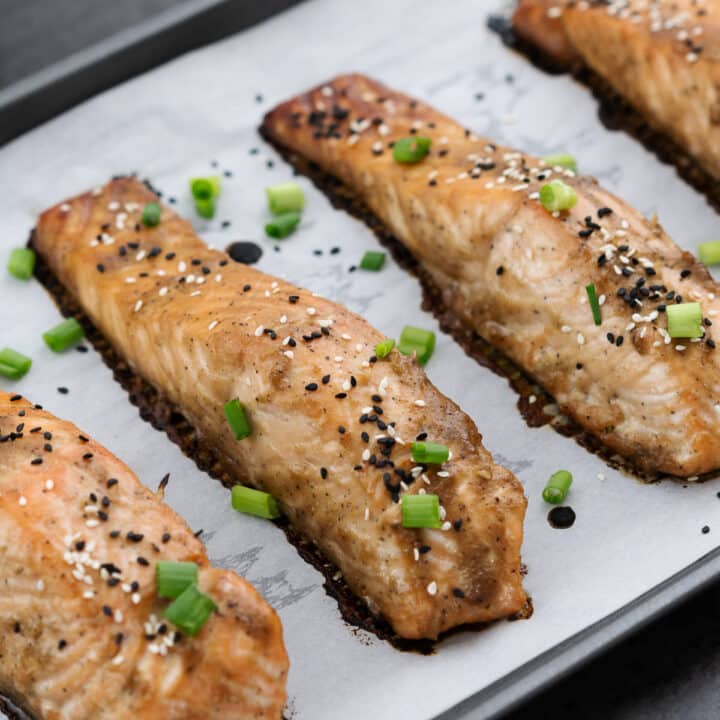 Miso Salmon presented in a serving tray.