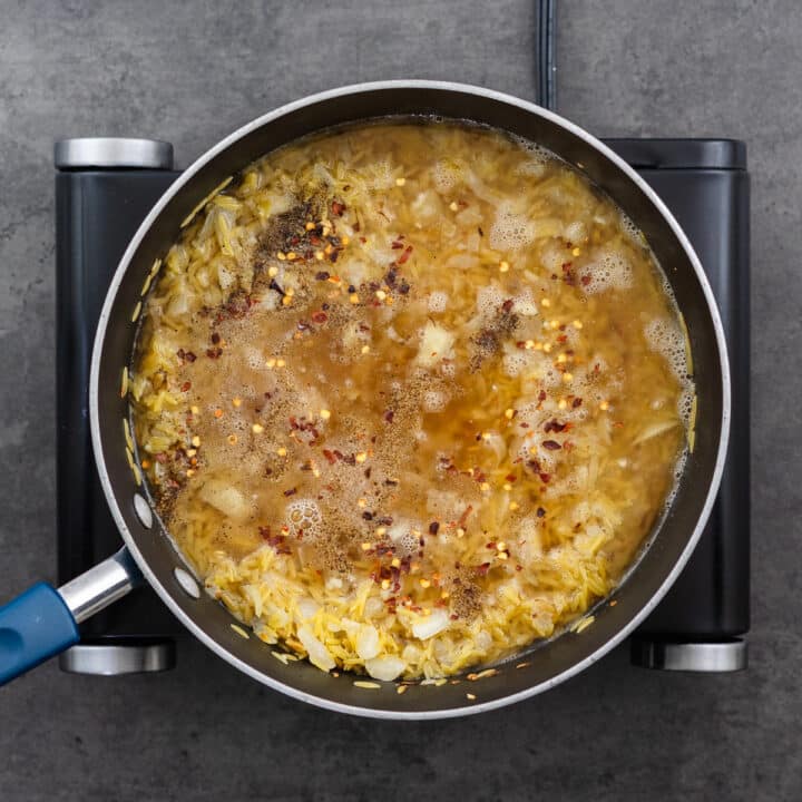 A wide-bottom pan with orzo, chicken broth, and seasonings.