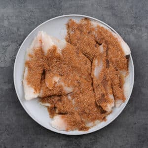Plate of tilapia fillets sprinkled with spice mix.