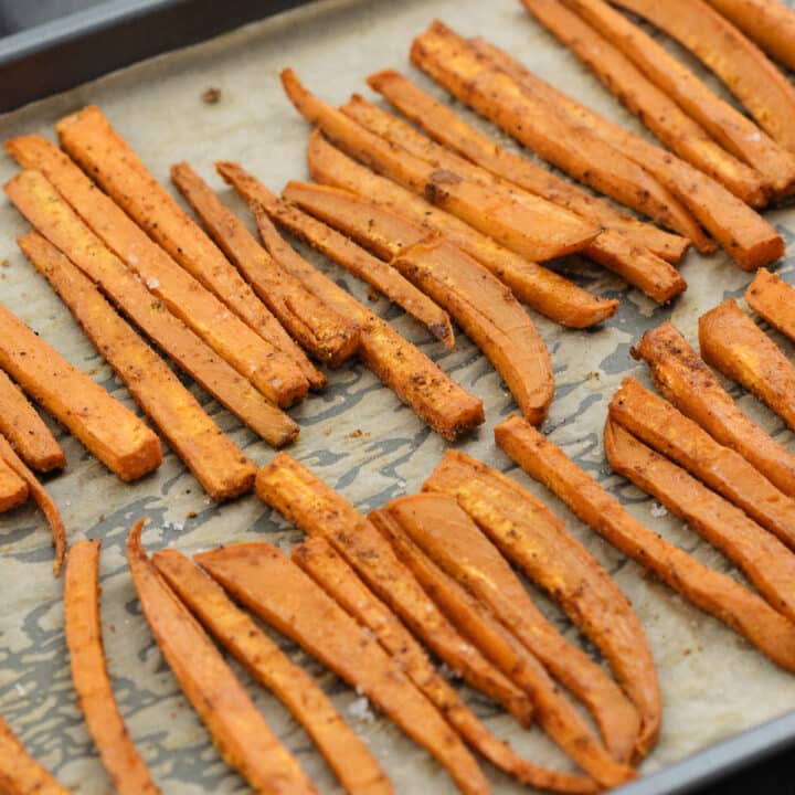 Sweet potato fries served in a baking tray.