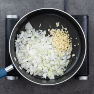 A pot with garlic and onion for sautéing in oil.