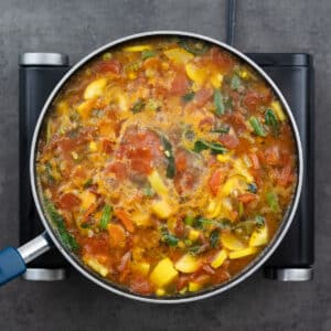 Vegetable soup simmering on low heat in a pot.