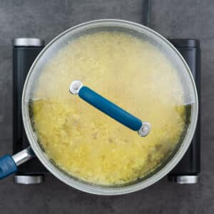 Rice cooking in a pan with lid closed.
