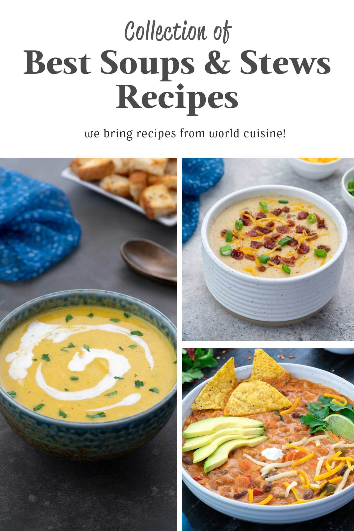 Collage of pumpkin soup, potato soup, and vegetarian chili dishes.