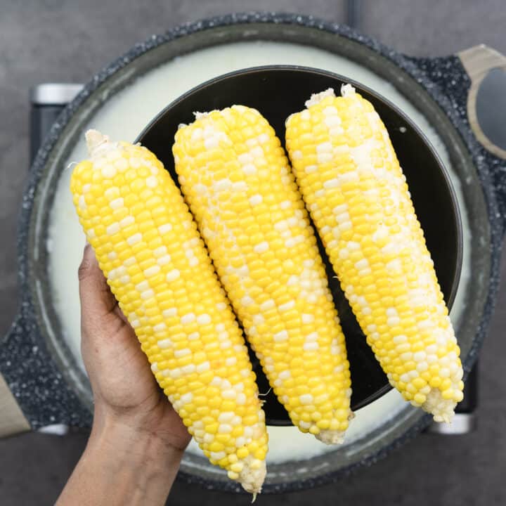 Displaying the boiled corn on the cob's texture placed on a black plate.