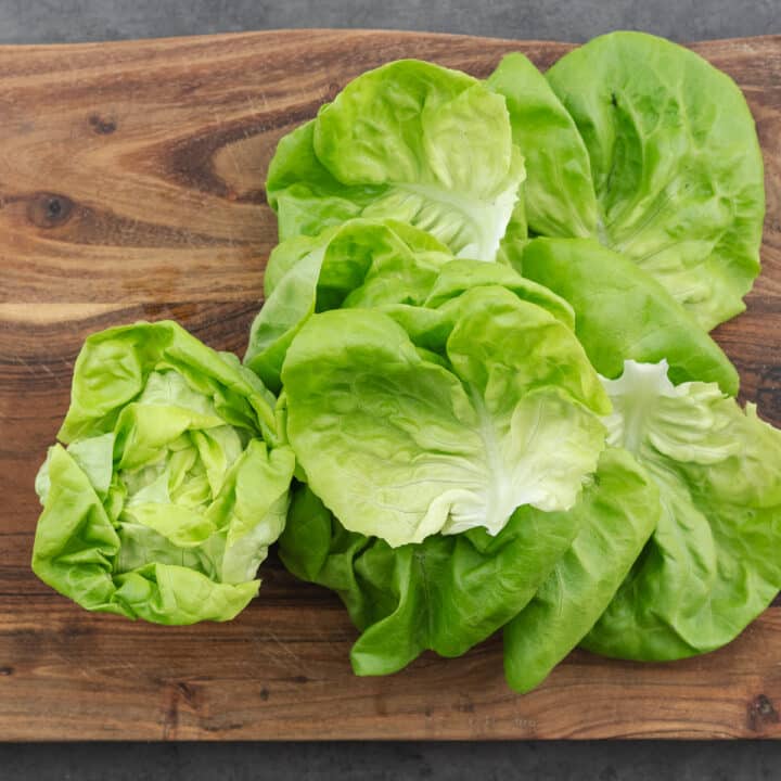 Wooden board with separated butter lettuce leaves.