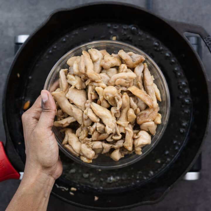A bowl with stir-fried chicken.