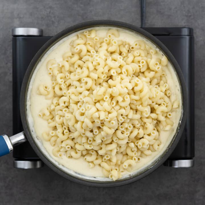 A pan with cheese cream sauce and cooked macaroni pasta.