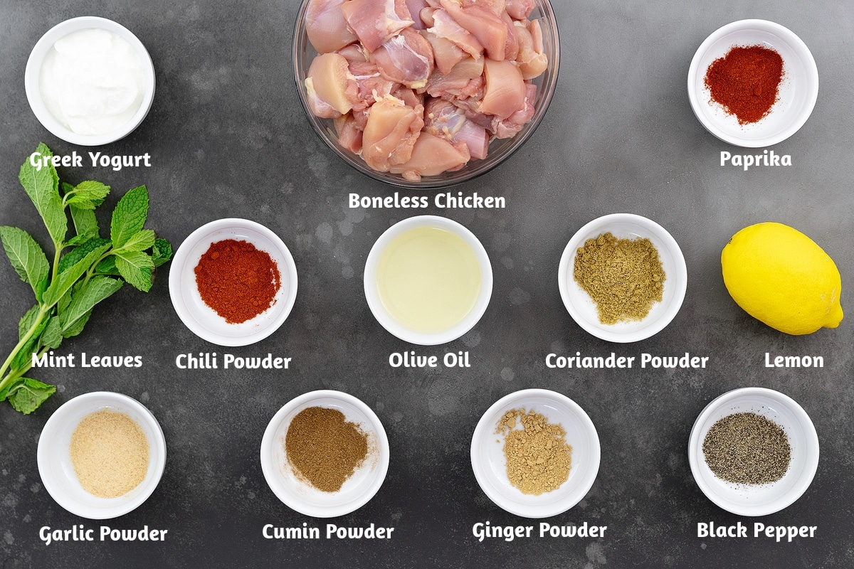 Ingredients for chicken skewers on a gray table: Greek yogurt, boneless chicken, paprika, mint leaves, chili powder, olive oil, coriander powder, lemon, garlic powder, cumin powder, ginger powder, and black pepper.