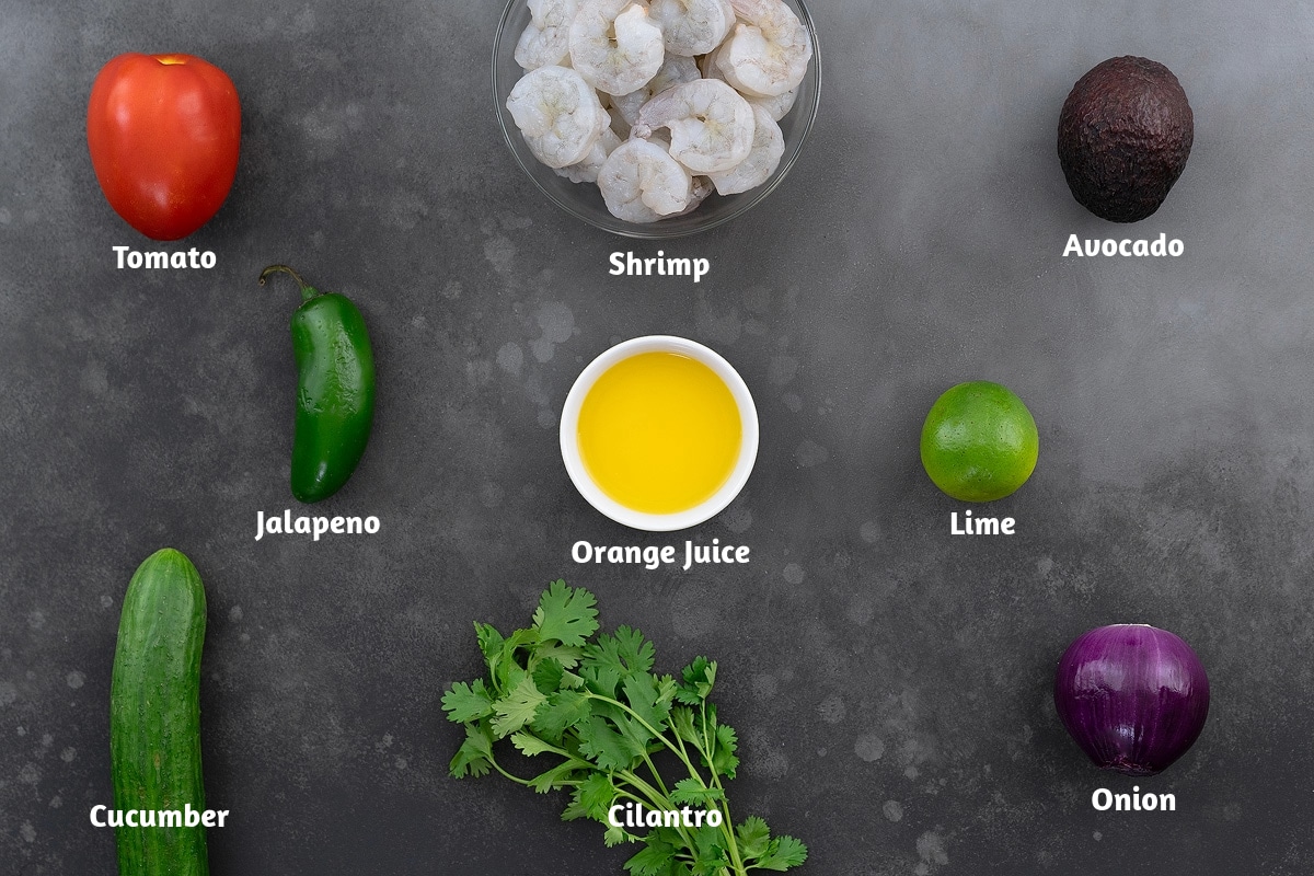 Shrimp ceviche ingredients on a gray table: tomato, shrimp, avocado, jalapeno, orange juice, lime, cucumber, cilantro, and onion.