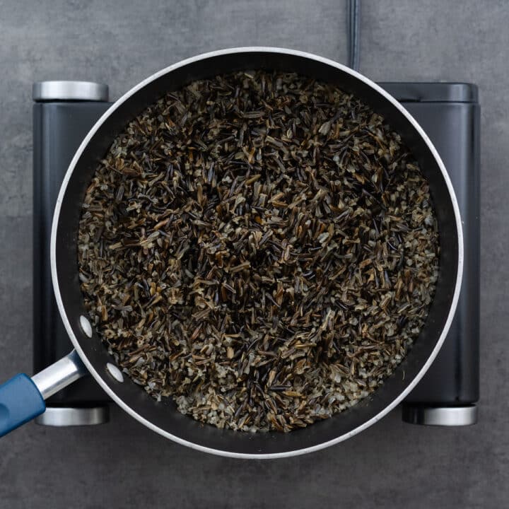 Perfectly cooked wild rice in the pan.