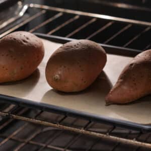 Sweet potatoes baking in the oven.