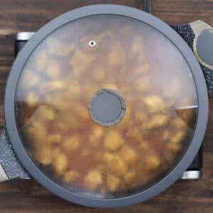 A pan of chicken simmering in broth with the lid covered.