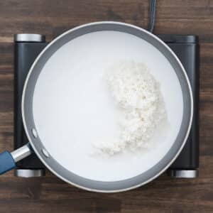 A pan filled with rice and coconut milk, prepared for simmering.