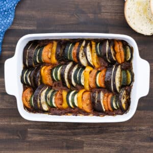 Nicely baked ratatouille served in a baking dish, ready to enjoy.