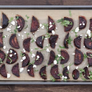 Nicely roasted beets garnished with cilantro and feta cheese.