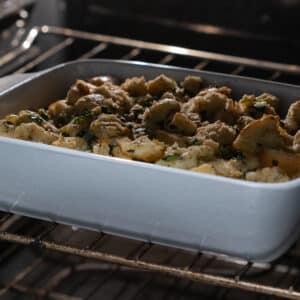 The stuffing baking in the oven, uncovered.