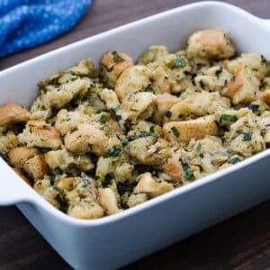 The stuffing served in a casserole dish.
