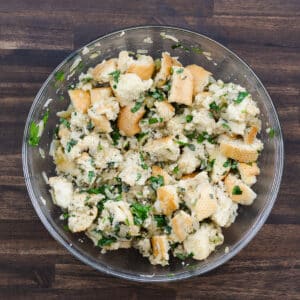 The prepared stuffing mixture in a bowl.