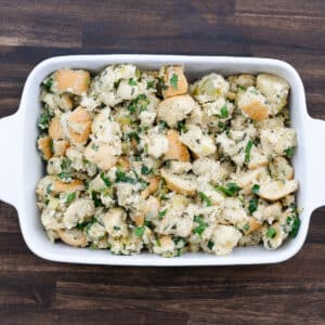 The stuffing mixture assembled in a casserole dish.