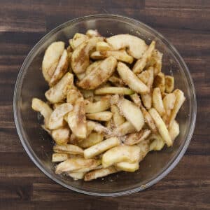 A bowl with apple slices seasoned with sugar and spices.