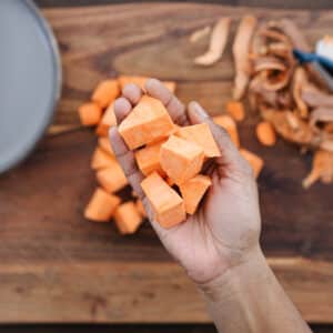 Freshly chopped sweet potatoes that is evenly sized.