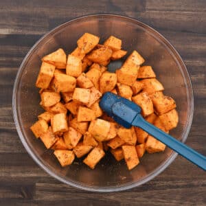 A bowl filled with sweet potatoes tossed in spices and seasonings.