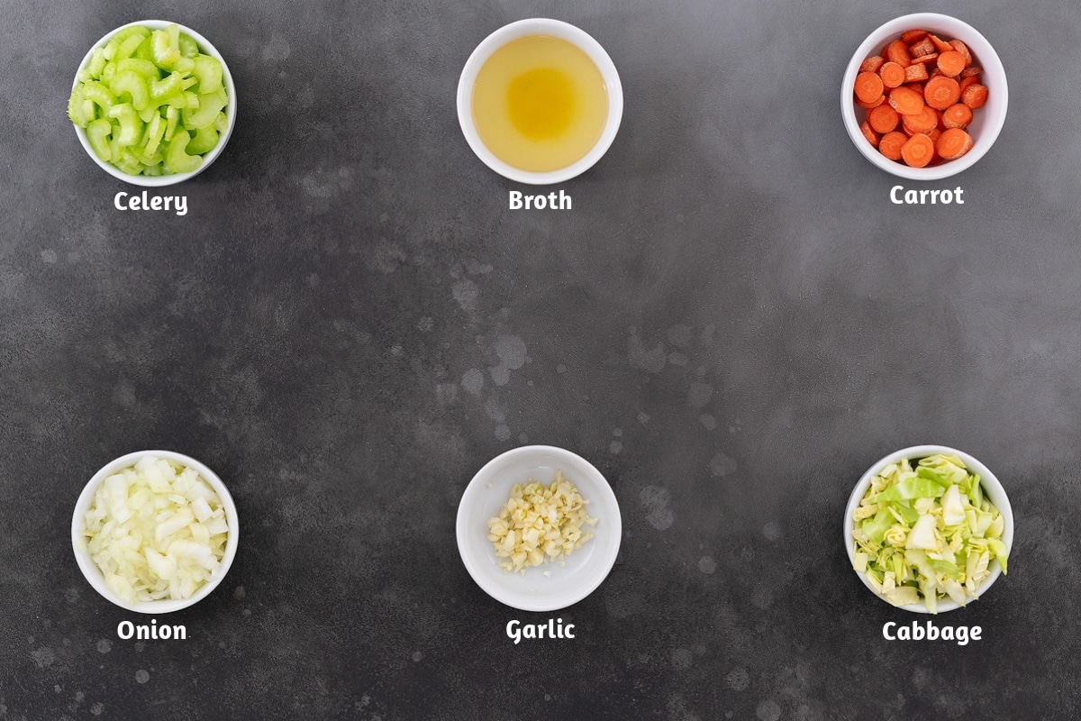 Cabbage soup recipe ingredients arranged on a gray table, including celery, broth, carrots, onion, garlic, and cabbage.