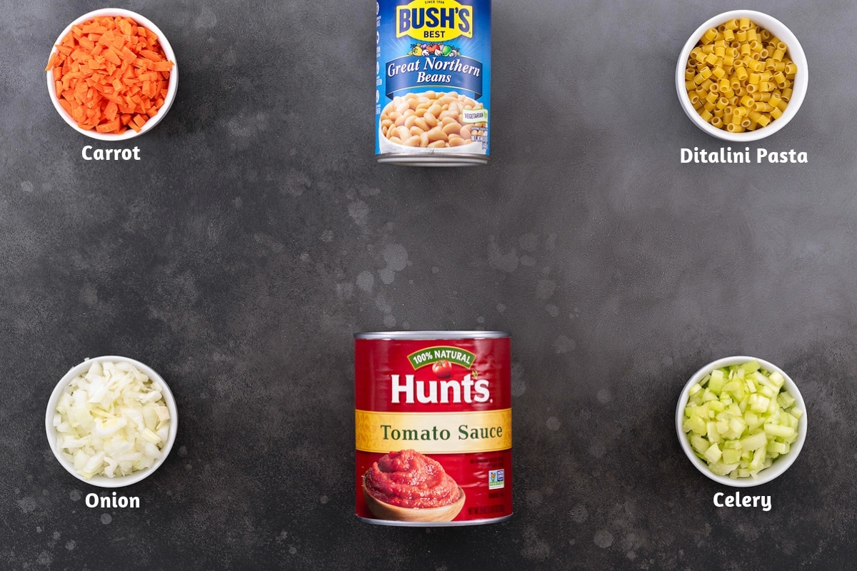 Pasta e Fagioli ingredients arranged on a gray table, including carrots, Northern beans, ditalini pasta, onion, tomato sauce, and celery.