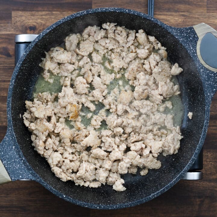 Pan showing perfectly cooked ground meat.
